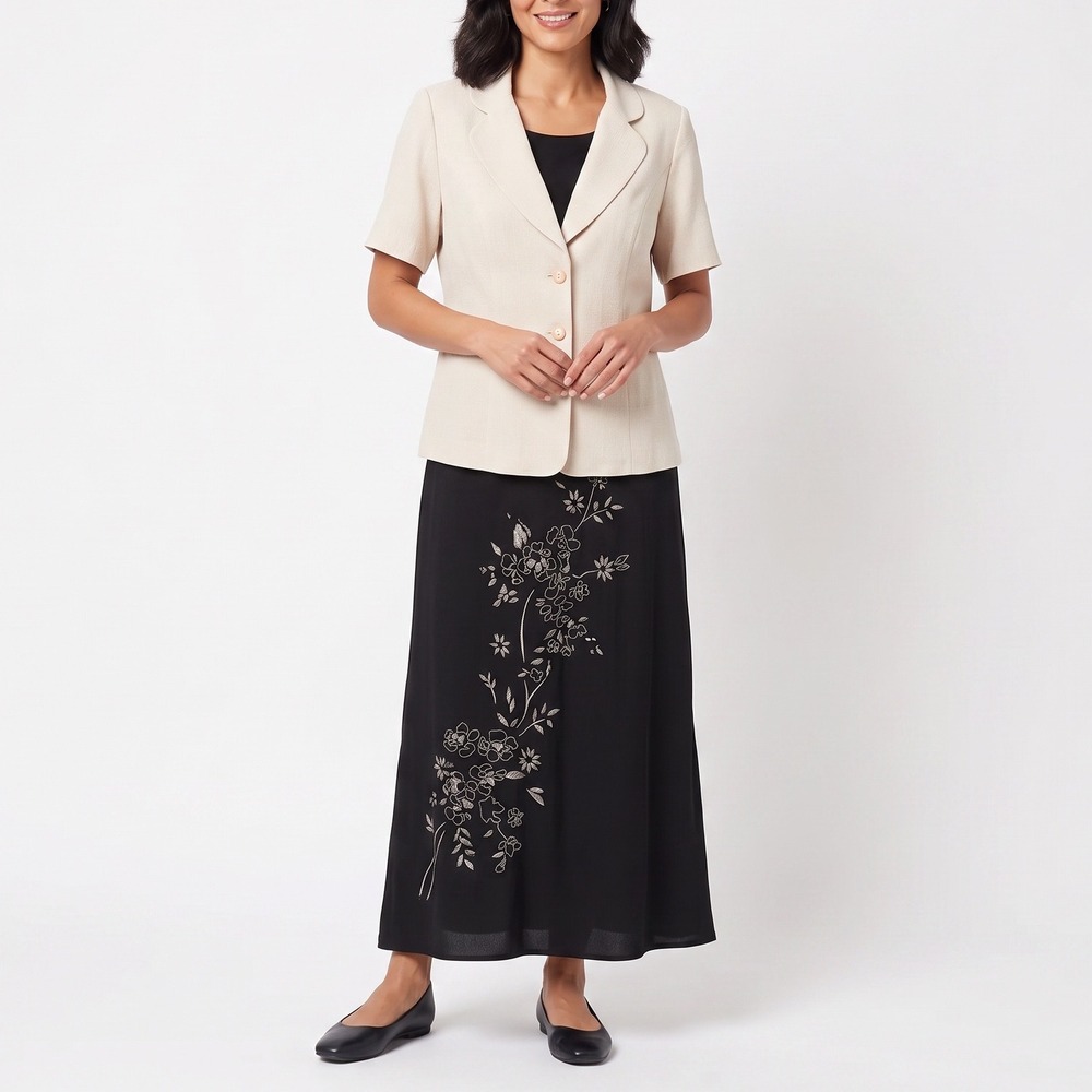 D.J. Summers Dress Set Womens 18W Black Tan Floral Embroidered